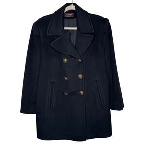 Vintage Alorna Black Wool Peacoat 1980s Petite Gold Lion Buttons M to L
